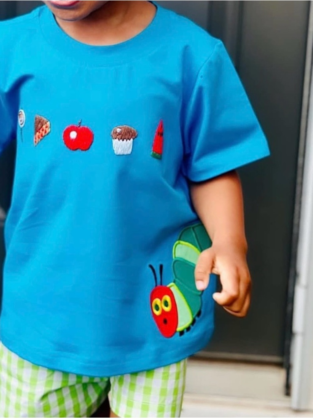 Bright Blue Kids Tee with Colorful Caterpillar & Food Patches